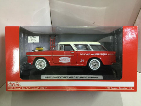 MOTORCITY 1/24 Coca Cola 1955 Chevy Bel Air Nomad Wagon with Metal Handcart and 2 Bottle Cases (424110) (24110) (C1128-60)