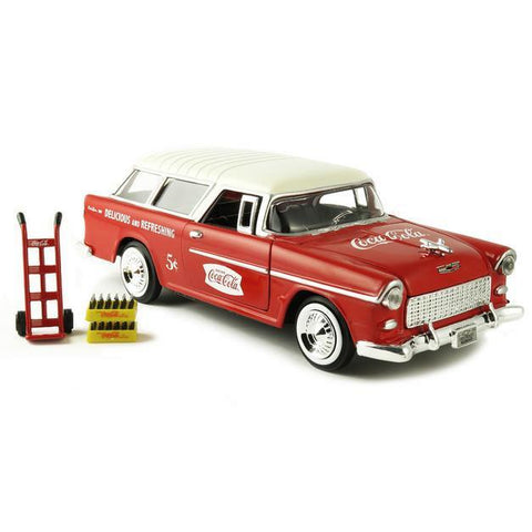 MOTORCITY 1/24 Coca Cola 1955 Chevy Bel Air Nomad Wagon with Metal Handcart and 2 Bottle Cases (424110) (24110) (C1128-60)
